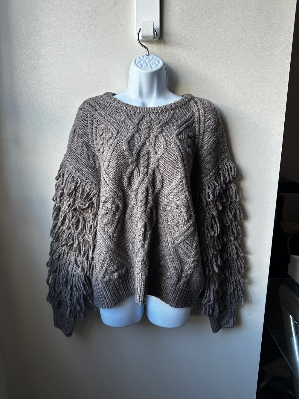 Fringe Grey Cozy Sleeve Cable Knit Sweater Oversized Chunky Boho Statement Pullo - Picture 1 of 6